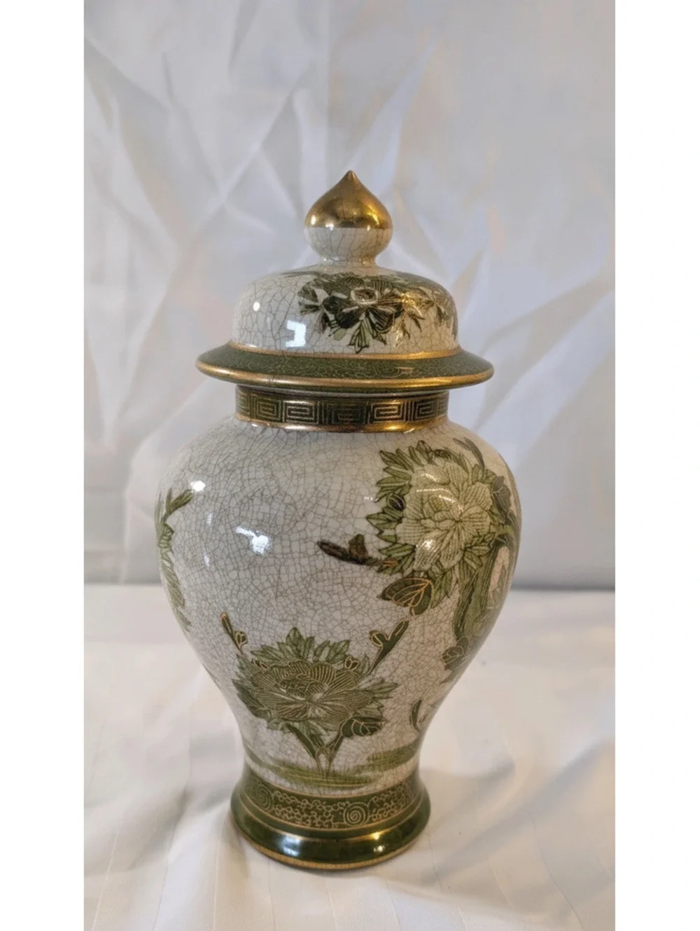 Vintage Japanese Kutani Crackle Glaze Ginger Jar Green Peony Peacock Gold Trim